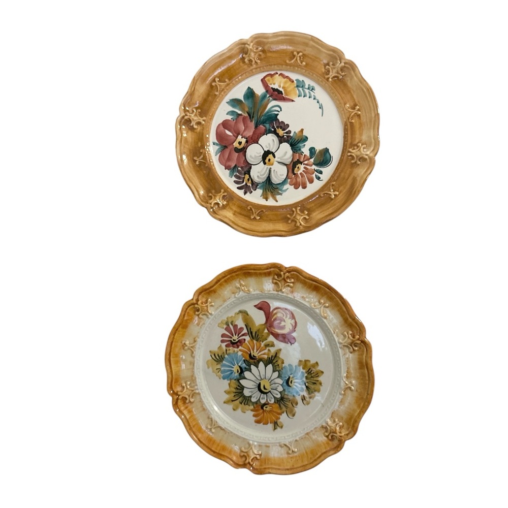 Vintage Floral Ceramic Wall Plate Set with Rope Hanger